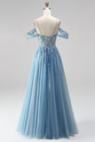 Glitter Stoffy Blue Cold Shoulder A-lijn korset Transparante pailletten Lange Galajurk met applicaties