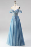 Glitter Stoffy Blue Cold Shoulder A-lijn korset Transparante pailletten Lange Galajurk met applicaties