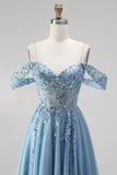 Glitter Stoffy Blue Cold Shoulder A-lijn korset Transparante pailletten Lange Galajurk met applicaties