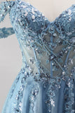 Glitter Stoffy Blue Cold Shoulder A-lijn korset Transparante pailletten Lange Galajurk met applicaties