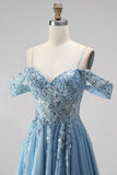 Glitter Stoffy Blue Cold Shoulder A-lijn korset Transparante pailletten Lange Galajurk met applicaties