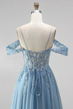 Glitter Stoffy Blue Cold Shoulder A-lijn korset Transparante pailletten Lange Galajurk met applicaties