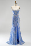 Blauwe strapless pailletten, met kralen bezette zeemeermin lange galajurk met split