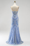 Blauwe strapless pailletten, met kralen bezette zeemeermin lange galajurk met split