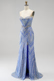 Blauwe strapless pailletten, met kralen bezette zeemeermin lange galajurk met split