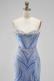 Blauwe strapless pailletten, met kralen bezette zeemeermin lange galajurk met split