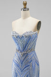 Blauwe strapless pailletten, met kralen bezette zeemeermin lange galajurk met split
