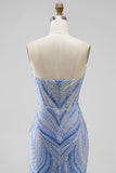 Blauwe strapless pailletten, met kralen bezette zeemeermin lange galajurk met split