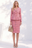Roze genotte revers tweed geruite enkelborstige peplum damespakken met zakken