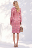 Roze genotte revers tweed geruite enkelborstige peplum damespakken met zakken