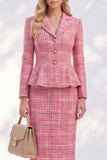 Roze genotte revers tweed geruite enkelborstige peplum damespakken met zakken