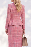 Roze genotte revers tweed geruite enkelborstige peplum damespakken met zakken