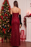 Glinsterende rode pailletten met gerimpelde strapless lange kerstjurk met split