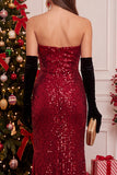 Glinsterende rode pailletten met gerimpelde strapless lange kerstjurk met split