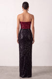 Glinsterende zwarte rode pailletten sheath strapless lange feestjurk met split