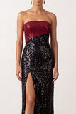 Glinsterende zwarte rode pailletten sheath strapless lange feestjurk met split