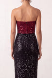 Glinsterende zwarte rode pailletten sheath strapless lange feestjurk met split