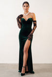 Donkergroene fluwelen strapless zeemeermin lange feestjurk met split