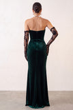 Donkergroene fluwelen strapless zeemeermin lange feestjurk met split