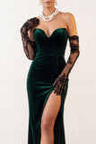 Donkergroene fluwelen strapless zeemeermin lange feestjurk met split