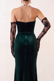 Donkergroene fluwelen strapless zeemeermin lange feestjurk met split