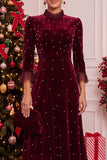 Bordeauxrode fluweel A-lijn parels hoge geraffe mockneck midi kerstfeestjurk met 3/4 mouwen