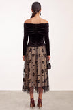 Zwarte champagnefluweel A-lijn off the shoulder gerimpelde tule lange mouwen midi bruiloftsjurk