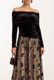 Zwarte champagnefluweel A-lijn off the shoulder gerimpelde tule lange mouwen midi bruiloftsjurk