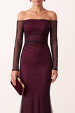 Rode zeemeermin off the shoulder doorschijnende mesh lange mouwen lange formele jurk