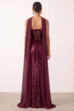 Bordeauxrode fluweelpailletten sheathless strapless lange kerstfeestjurk met chiffon drapering