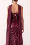 Bordeauxrode fluweelpailletten sheathless strapless lange kerstfeestjurk met chiffon drapering