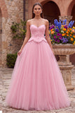 Roze A-lijn tule borduurde strapless lange galajurk