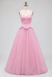 Roze A-lijn tule borduurde strapless lange galajurk