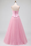 Roze A-lijn tule borduurde strapless lange galajurk