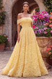 Off-the-shoulder A-lijn strapless bloemenborduursel parelgele tule galajurk