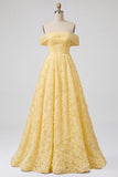 Off-the-shoulder A-lijn strapless bloemenborduursel parelgele tule galajurk