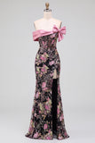 Zwarte roze bloemenkorset met off-shoulder pailletten zeemeermin lange galajurk met strik