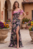 Zwarte roze bloemenkorset met off-shoulder pailletten zeemeermin lange galajurk met strik