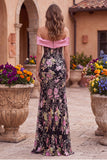 Zwarte roze bloemenkorset met off-shoulder pailletten zeemeermin lange galajurk met strik
