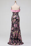 Zwarte roze bloemenkorset met off-shoulder pailletten zeemeermin lange galajurk met strik