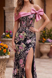 Zwarte roze bloemenkorset met off-shoulder pailletten zeemeermin lange galajurk met strik