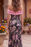 Zwarte roze bloemenkorset met off-shoulder pailletten zeemeermin lange galajurk met strik