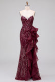 Bordeauxrode pailletten meermin strapless maxijurk met ruchesplit