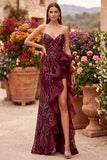 Bordeauxrode pailletten meermin strapless maxijurk met ruchesplit
