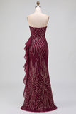 Bordeauxrode pailletten meermin strapless maxijurk met ruchesplit