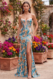 Blauwe bloemenpailletten korset zeemeermin strapless lange galajurk met split