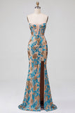 Blauwe bloemenpailletten korset zeemeermin strapless lange galajurk met split