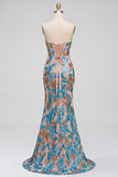 Blauwe bloemenpailletten korset zeemeermin strapless lange galajurk met split