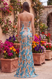 Blauwe bloemenpailletten korset zeemeermin strapless lange galajurk met split