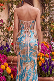 Blauwe bloemenpailletten korset zeemeermin strapless lange galajurk met split